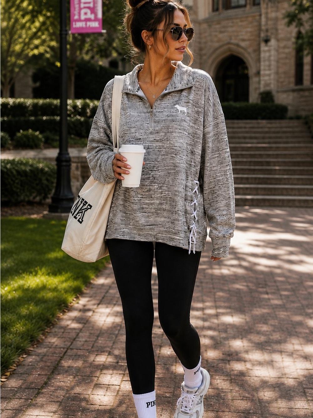 Victoria’s Secret PINK Gray Quarter Zip Oversized Sweatshirt Lace Up Large